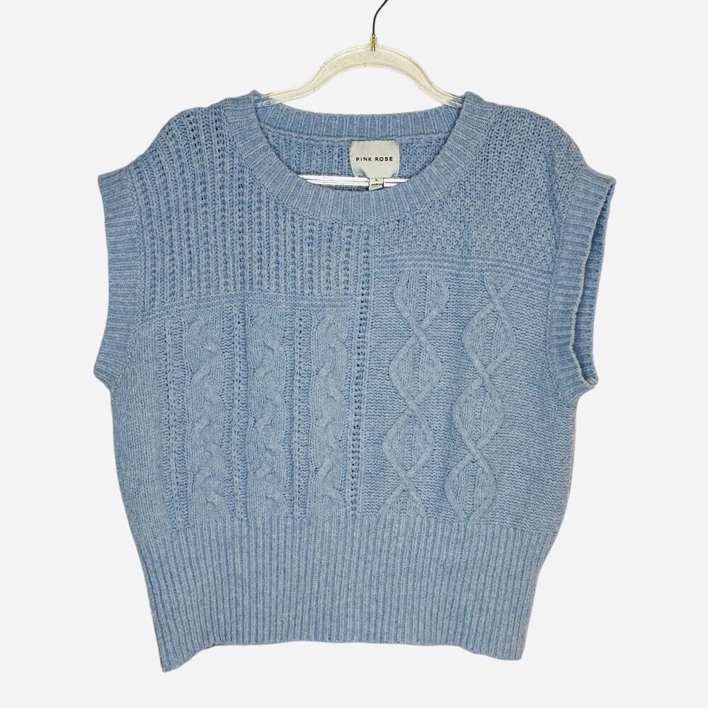 Pink Rose Womens Large Blue Cable Knit Sweater Vest Preppy Cottagecore‎ Granny